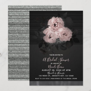Invitación Ducha de Novia Moderna Glam Floral Chic Rosa y Neg