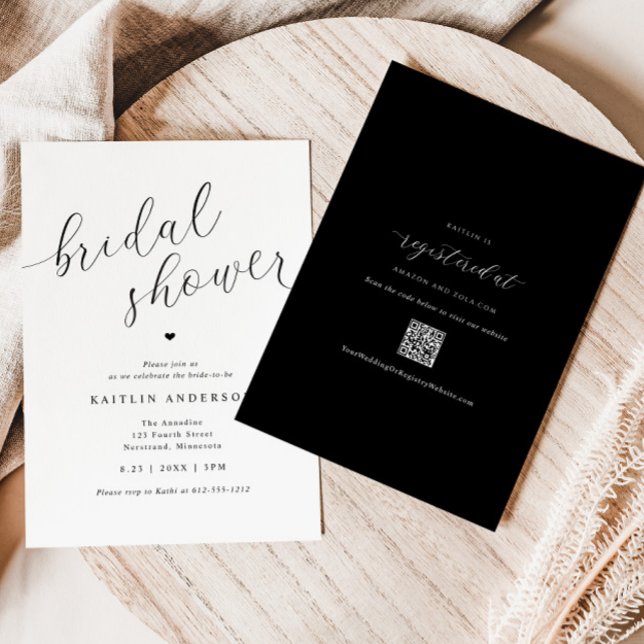 Invitación Ducha de Novia Moderna Simple (Modern Black and White Bridal Shower Invitations with QR Code Registry on Back - Swirly Script)