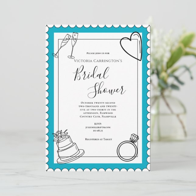 Invitación Ducha de novia moderna Verde azulada en blanco y n (Anverso de pie)