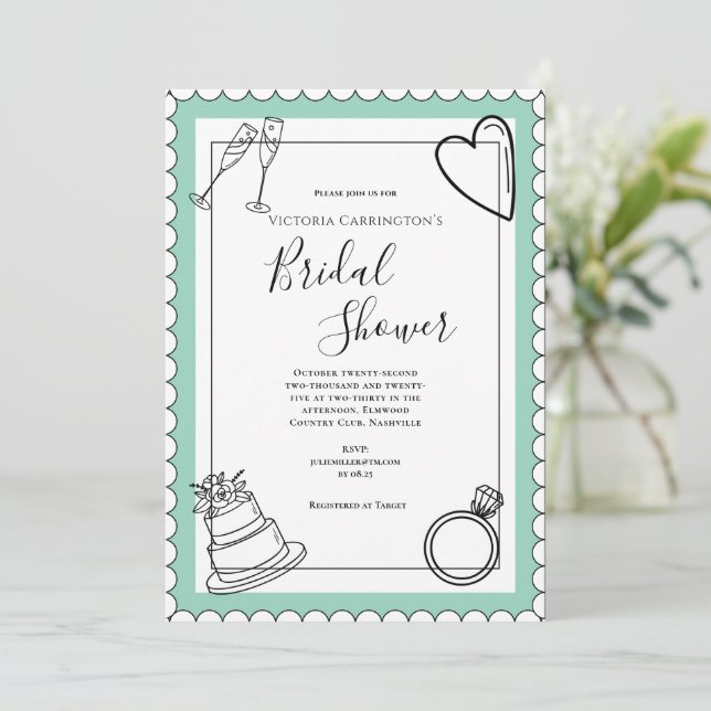 Invitación Ducha de novia moderna verde blanco y negro (Anverso de pie)