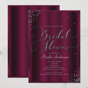 Invitación Ducha de Novia Moderno Confeti Burgundy Plata