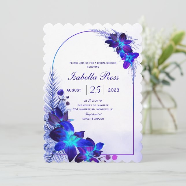 Invitación Ducha de novia morada de orquídea azul turquesa az (Anverso de pie)