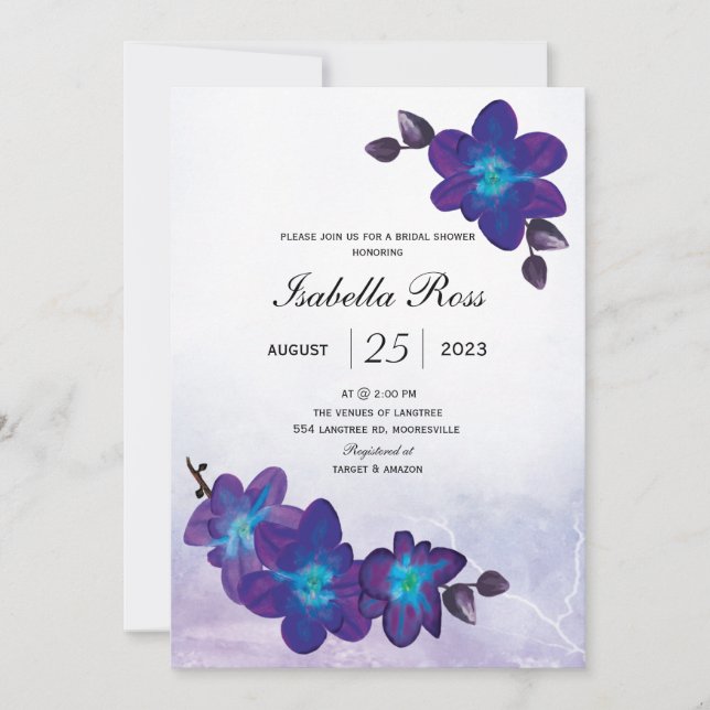 Invitación Ducha de novia morada de orquídea azul turquesa az (Anverso)