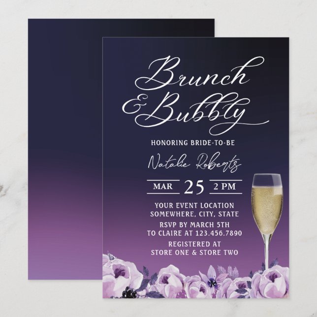 Invitación Ducha de novia morada morada de brunch bubbly prof (Anverso / Reverso)