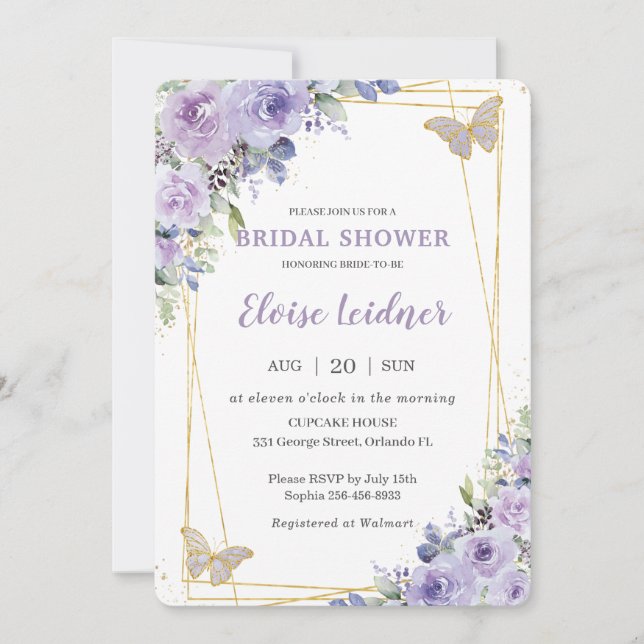Invitación Ducha de novia Morado Lilac Floral Butterflies (Anverso)