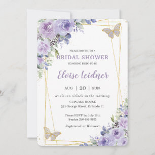 Invitación Ducha de novia Morado Lilac Floral Butterflies