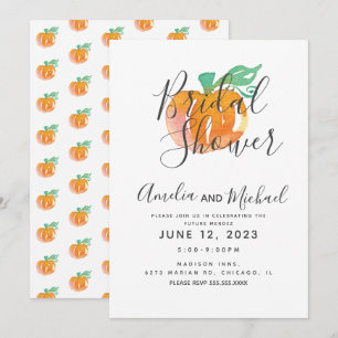 Invitación Ducha de Novia Naranja Acuarela Mano Calabaza Verd