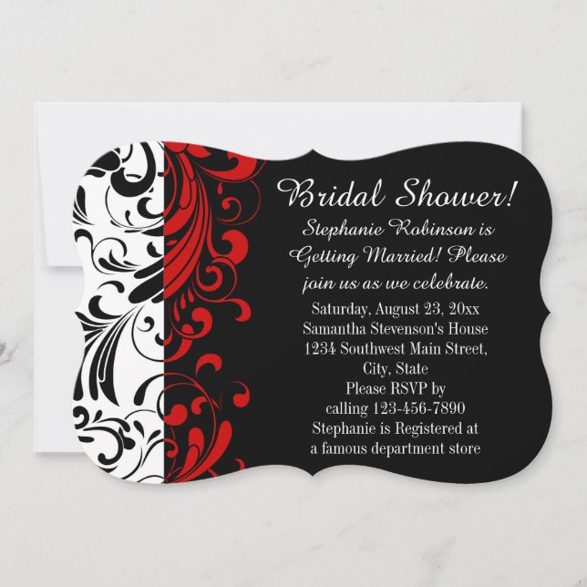Invitación Ducha de novia negra, blanca, dorsal roja (Anverso)