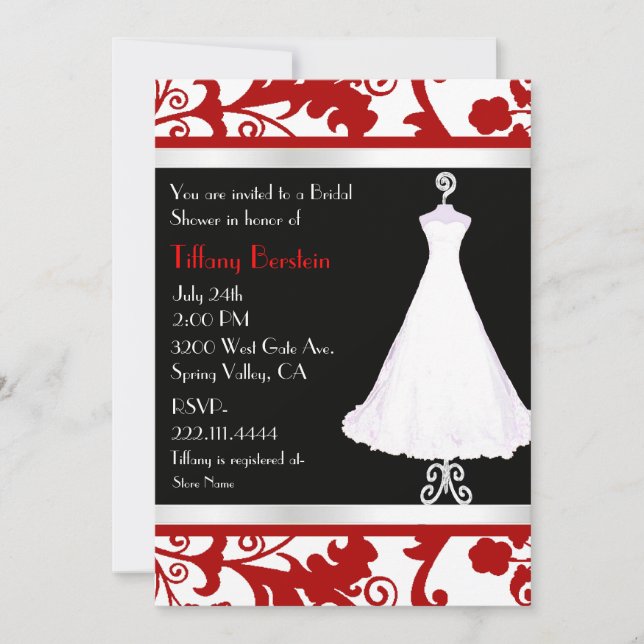 Invitación Ducha de novia negra, blanca y roja (Anverso)