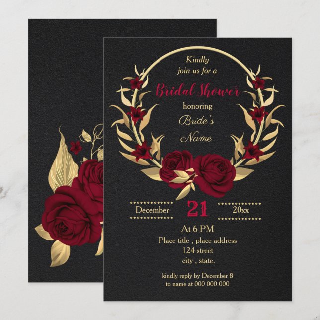 Invitación ducha de novia negra con flores de oro burdeos (Anverso / Reverso)