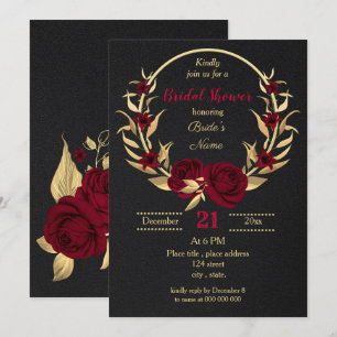 Invitación ducha de novia negra con flores de oro burdeos