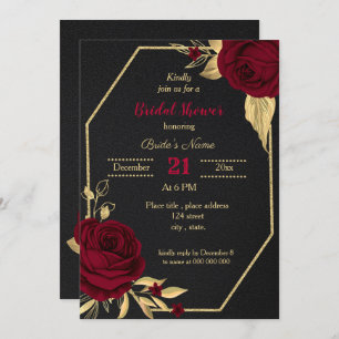 Invitación ducha de novia negra con flores de oro burdeos