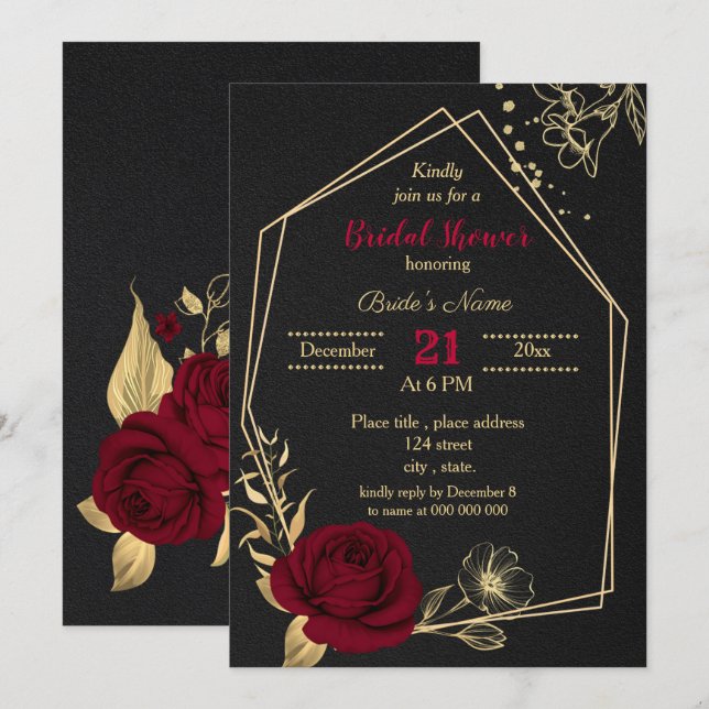 Invitación ducha de novia negra con flores de oro burdeos (Anverso / Reverso)