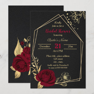 Invitación ducha de novia negra con flores de oro burdeos