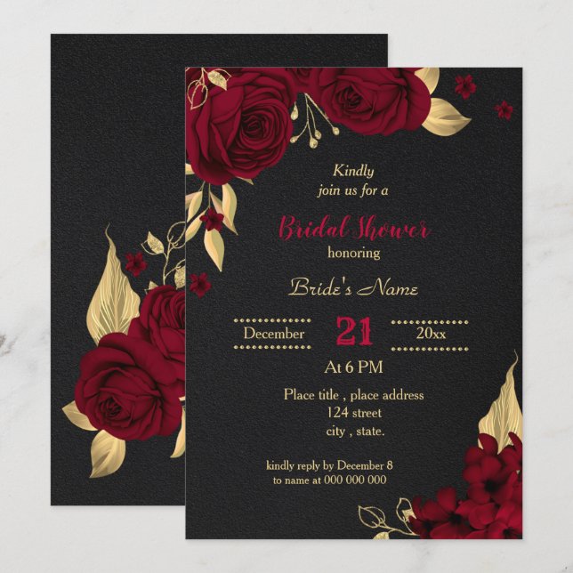 Invitación ducha de novia negra con flores de oro burdeos (Anverso / Reverso)