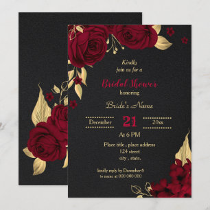Invitación ducha de novia negra con flores de oro burdeos