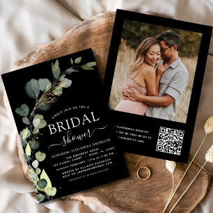 Invitación Ducha de novia negra QR Código foto Eucalipto