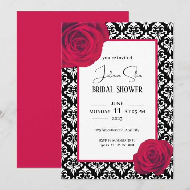 Invitación Ducha de novia negra y blanca (Anverso / Reverso)