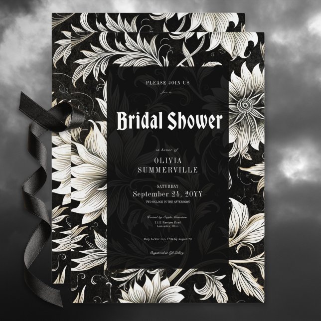 Invitación Ducha de novia negra y blanca en blanco (Dark Vintage Black & White Damask Bridal Shower Invitation)