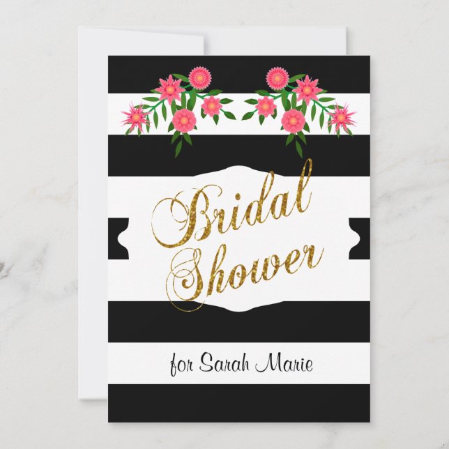 Invitación Ducha de novia negra y blanca | Flores rosas (Reverso)