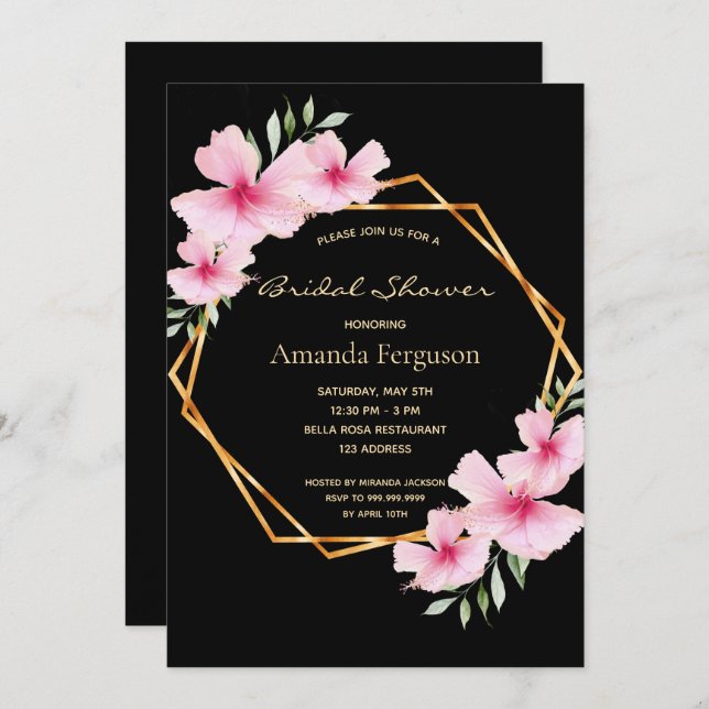 Invitación Ducha de novia negro rosa rosa negro oro floral ge (Anverso / Reverso)