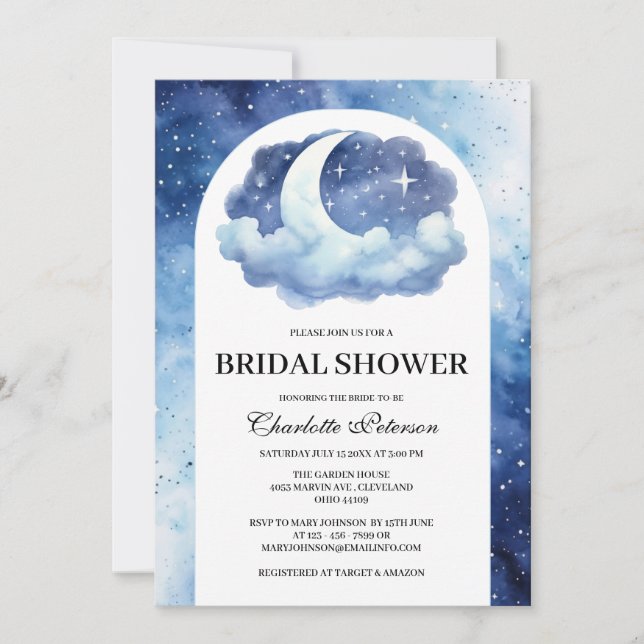 Invitación Ducha de Novia Nubes Luna Estrellas Celestiales Ro (Anverso)