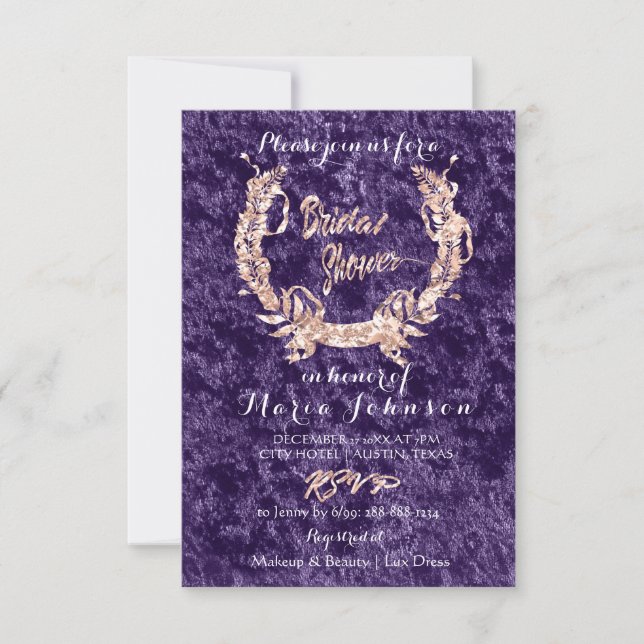 Invitación Ducha de novia Olive Wreath Velvet violeta rosa ro (Anverso)