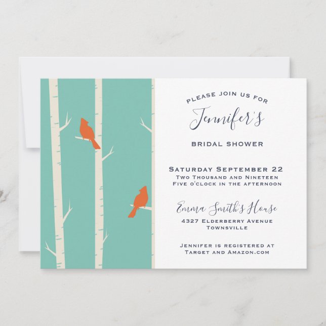 Invitación Ducha de Novia Pájaros Naranjas en Abedul (Anverso)