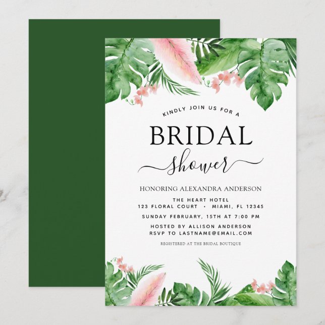 Invitación Ducha de novia Palm tropical acuarela floral (Anverso / Reverso)