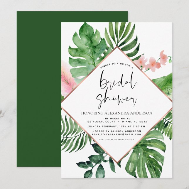 Invitación Ducha de novia Palm Tropical Watercolor Geométrico (Anverso / Reverso)