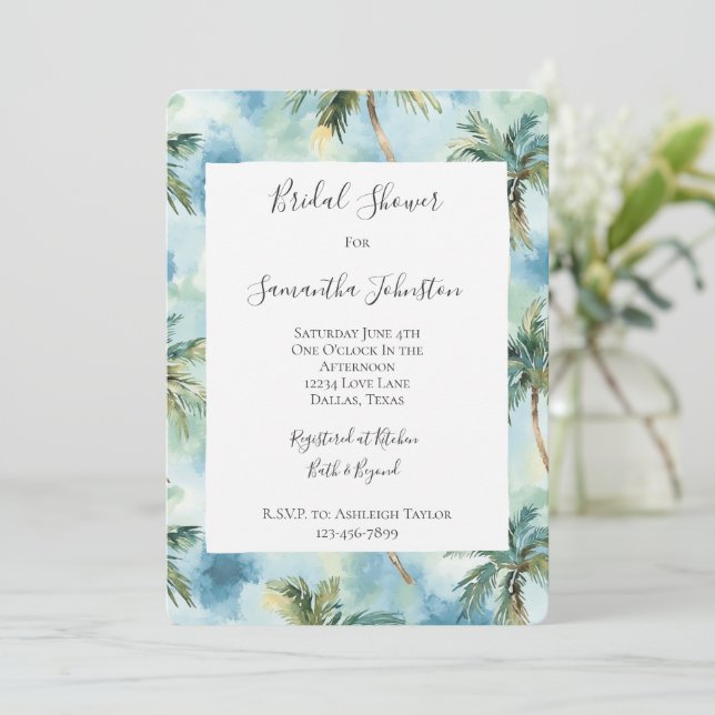Invitación Ducha de Novia Palmeras de Isla Tropical Azul (Anverso de pie)
