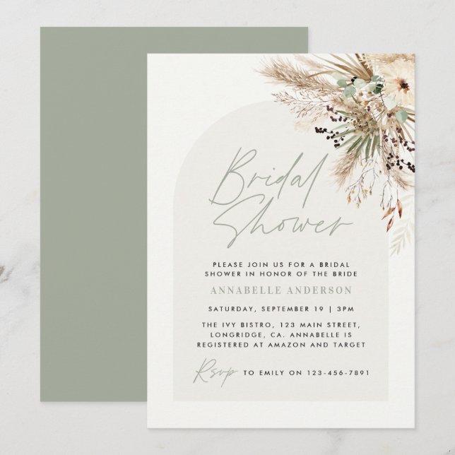 Invitación Ducha de novia pampas eucalipto sage moderno verde (Anverso / Reverso)