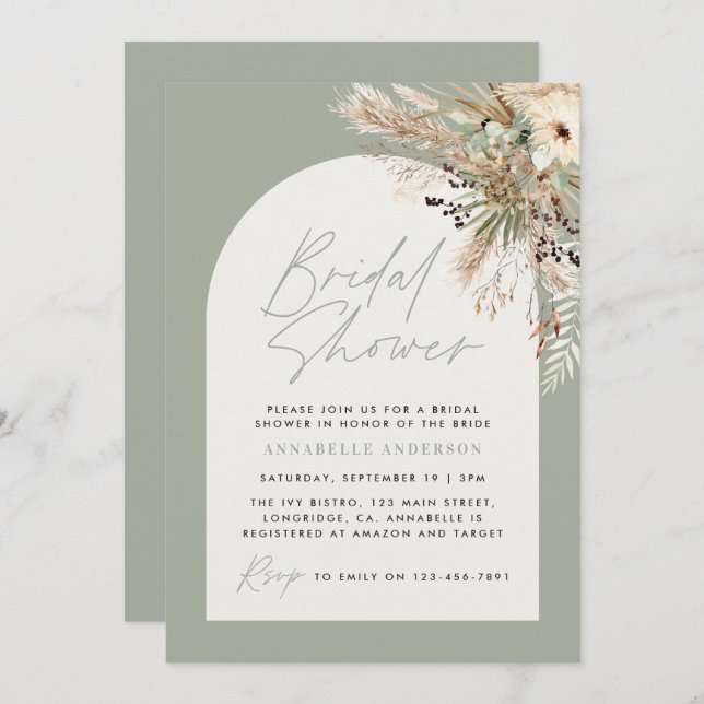 Invitación Ducha de novia pampas eucalipto sage moderno verde (Anverso / Reverso)