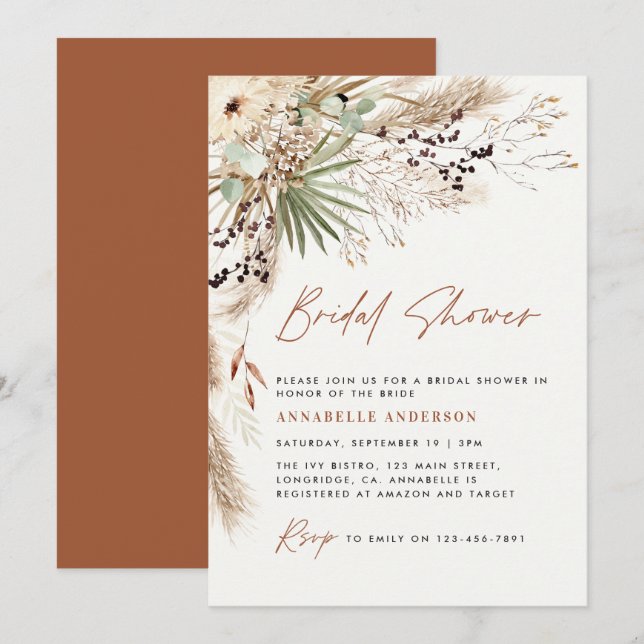 Invitación Ducha de novia pampas pasto moderno boho elegante (Anverso / Reverso)