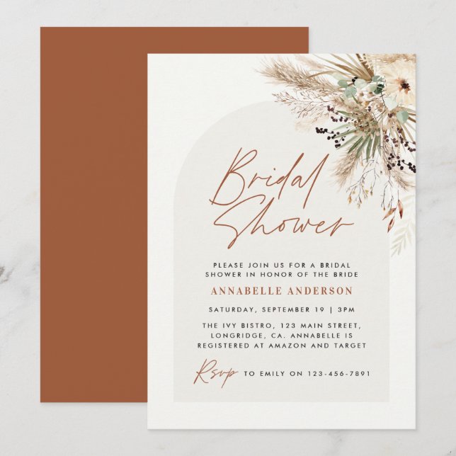 Invitación Ducha de novia pampas pasto moderno boho elegante (Anverso / Reverso)