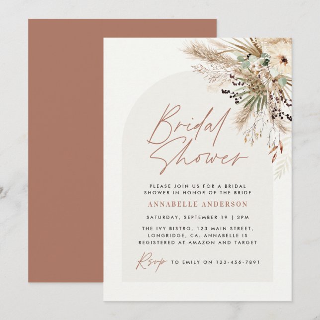 Invitación Ducha de novia pampas pasto moderno boho elegante  (Anverso / Reverso)