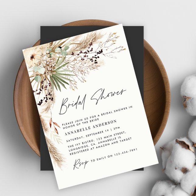 Invitación Ducha de novia pampas pasto moderno negro elegante (Subido por el creador)