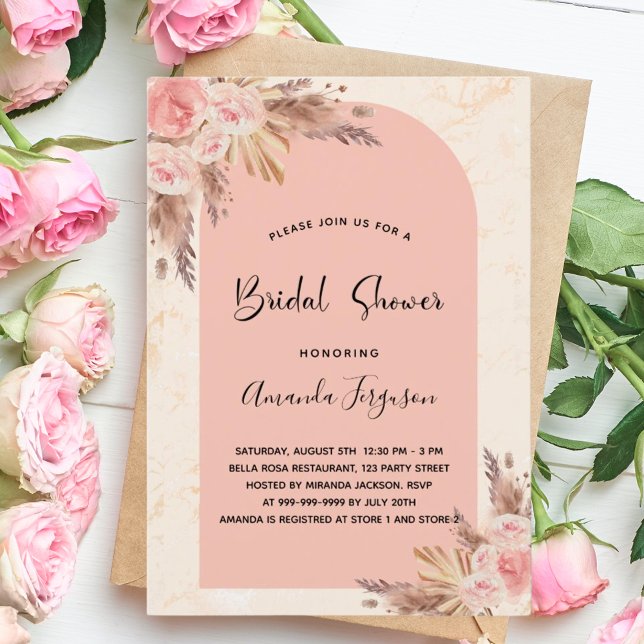 Invitación Ducha de novia pampas pasto rosa boho de color dor (Subido por el creador)