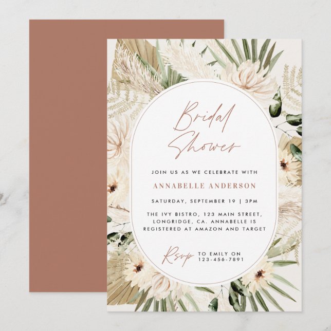 Invitación Ducha de novia pampas pasto terracota moderna (Anverso / Reverso)