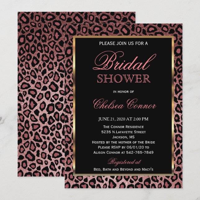 Invitación Ducha de novia - Patrón de Leopardo de oro Rosa (Anverso / Reverso)