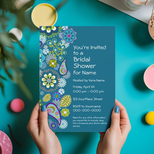 Invitación Ducha de novia - Patrón floral divertido - azul ve (Funky Floral Bridal Shower Invitation - Retro Flowers and Deep Colors)