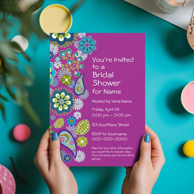 Invitación Ducha de novia - Patrón floral divertido - magenta (Funky Floral Bridal Shower Invitation - Retro Flowers and Deep Colors)