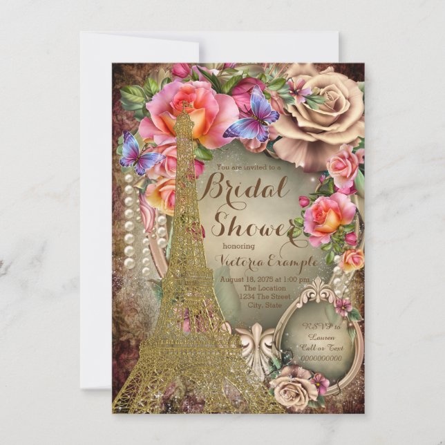 Invitación Ducha de Novia Pearl Rose Vintage París (Anverso)