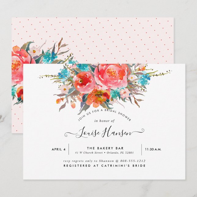 Invitación Ducha de novia, peonías Naranjas de acuarela (Anverso / Reverso)