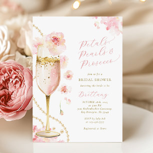 Invitación Ducha de Novia Pétalos Rosados, Perlas y Prosecco