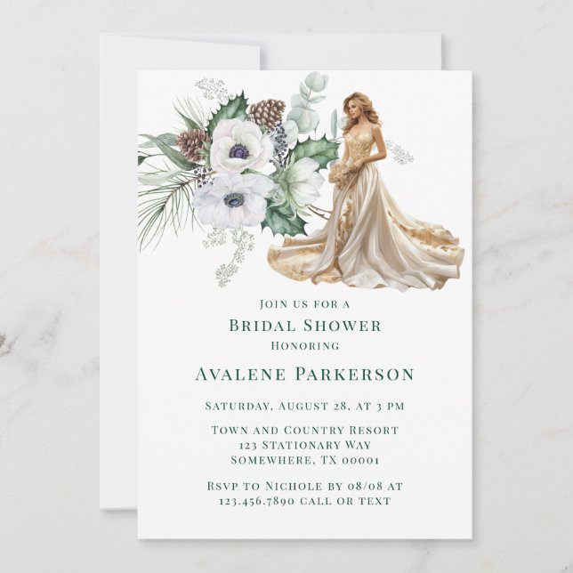 Invitación Ducha de novia pintada a mano en invierno Anemone (Anverso)