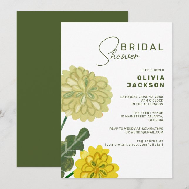 Invitación Ducha de novia pintada a mano en verde amarillo fl (Anverso / Reverso)