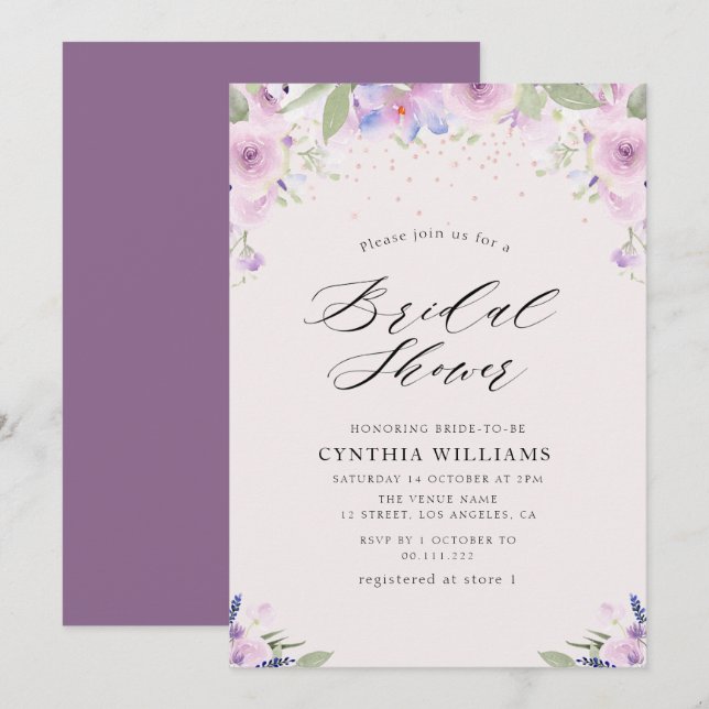 Invitación ducha de novia pintada de lavanda púrpura (Anverso / Reverso)