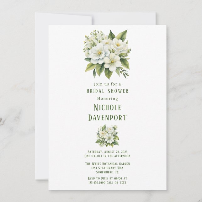 Invitación Ducha de novia pintada de verde floral blanco (Anverso)