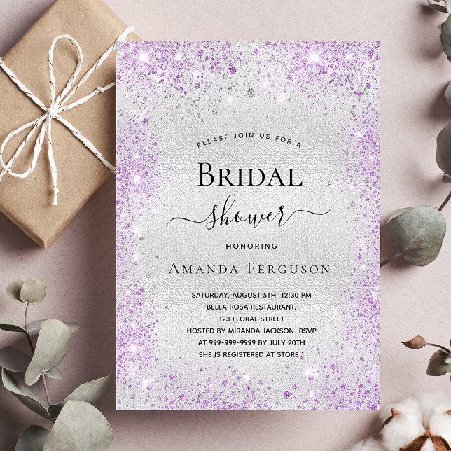 Invitación Ducha de novia plata purpurina polvo púrpura elega (Subido por el creador)